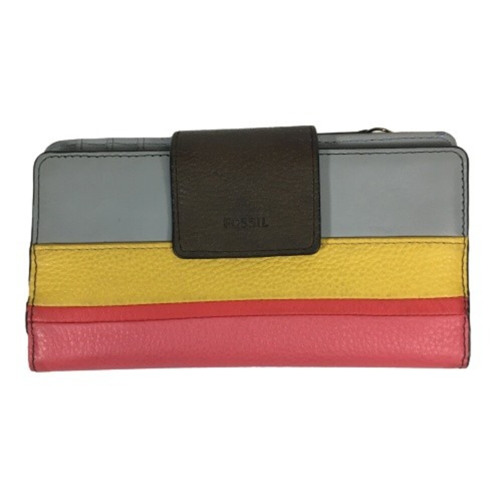 FOSSIL Colorblock Leather Wallet Credit Card Clutch Gray Peach Red & Yellow